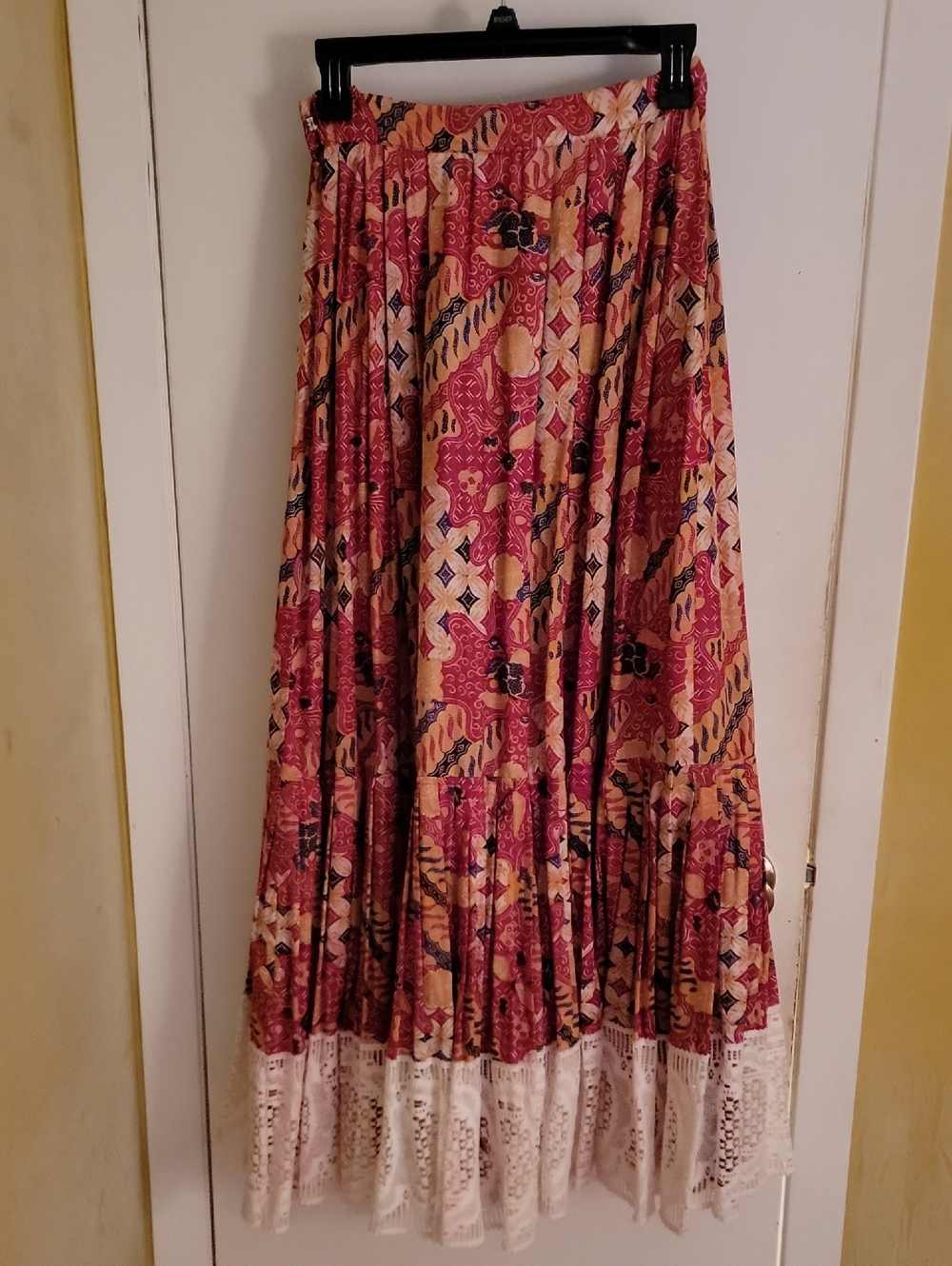 Bohemian Maxi Skirt in Pink and Cream with Lace Hem
